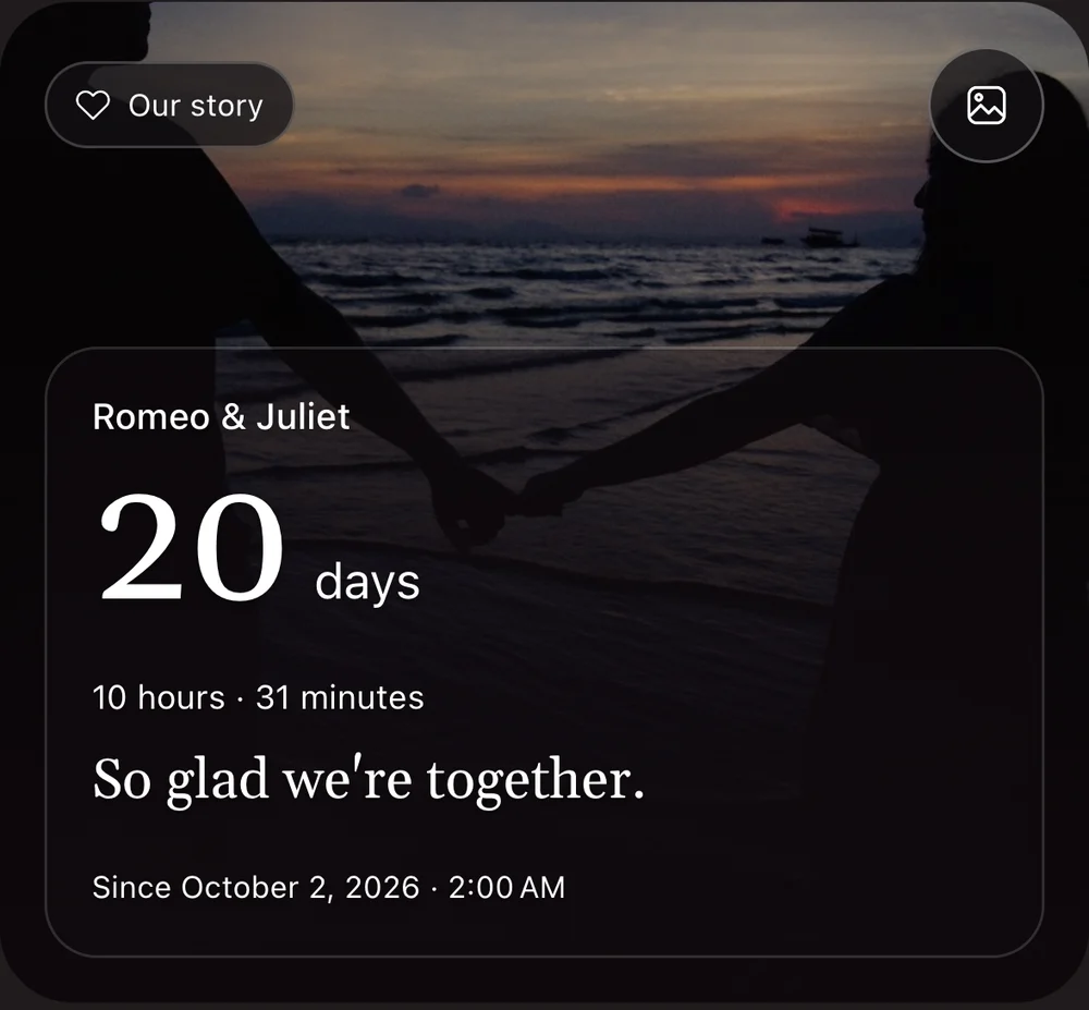 A relationship counter card over a couple’s photo, showing 20 days together, 10 hours and 31 minutes, with the start date.